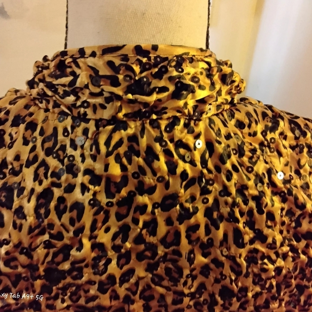 MSK Lightweight Sequined Leopard Print Gathered Zippered Jacket w/Shoulder Pads - Picture 4 of 8